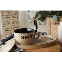 Cremeweiße Keramik Suppenschüssel Mit Brotteller Und Löffel in Geschenkbox | Landhausküche Chic Rustikal Frühstück Mittagessen Abendessen von CGBGiftware
