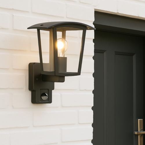 CGC Lighting Außenwandleuchte Schwarz Laterne Diffusor transparent LED IP44 E27 nach unten (Schwarz PIR) von CGC Lighting