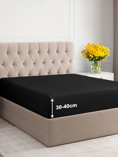 Spannbettlaken 100x200 cm – 40 cm Steghöhe – Aus gebürsteter Polyester-Mikrofaser – Spannbetttuch geeignet für Boxspringbetten – Passt auf Matratzen bis zu 40 cm – Oeko-TEX Zertifiziert, Schwarz von CGK Unlimited