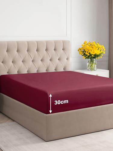Spannbettlaken 140x200 cm – 30 cm Steghöhe – Aus weicher, gebürsteter Polyester-Mikrofaser – Spannbetttuch passend für Matratzen bis 30 cm Höhe – OEKO-TEX Zertifiziert – Weinrot, Einzelpackung von CGK Unlimited