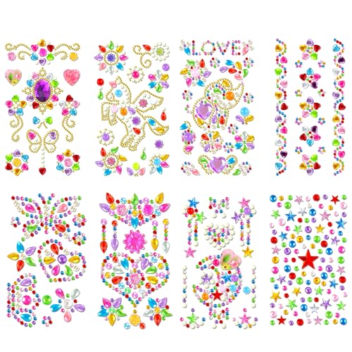 Glitzersteine Selbstklebend, 8 Blätter Strasssteine Selbstklebend bunte Bling Jewel Sticker Art Crafts mit verschiedenen Größen, DIY selbstklebende Diamant-Aufkleber für Kinder Handwerke, Grußkarten von CGLRybO