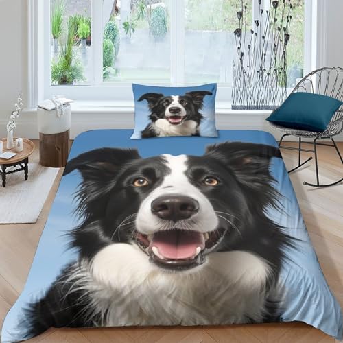 Border Collie 3D Bettwäsche Set 2 Teilig Bettbezug Aus Weiche Mikrofaser Tier Bettbezüge Mit Reißverschluss Und Kissenbezug Für Mädchen Junge Kinder Single（135x200cm） von CGLTD