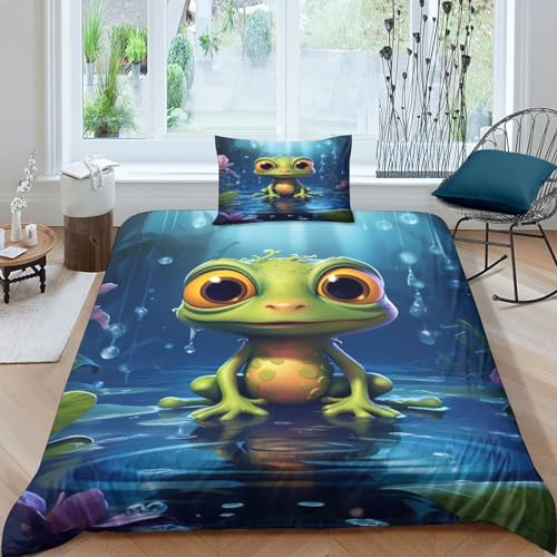 CGLTD Frosch Bettwäsche 2 Teilig 3D Bettbezüge Mikrofaser Animal Bettbezug Mit Reißverschluss Und Kissenbezug Für Mädchen Junge Kinder Single（135x200cm） von CGLTD