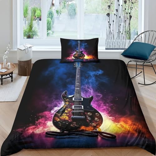 CGLTD Gitarre Bettwäsche 3D Bettbezug Set 2 Teilig Mikrofaser Rockmusik Bettbezüge Mit Reißverschluss Und Kissenbezug Für Mädchen Junge Kinder Single（135x200cm） von CGLTD