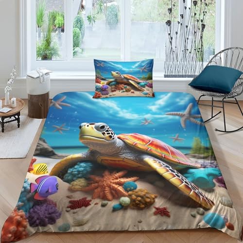 CGLTD Schildkröte Bettwäsche 2 Teilig 3D Bettbezüge Mikrofaser Animal Bettbezug Mit Reißverschluss Und Kissenbezug Für Mädchen Junge Kinder Single（135x200cm） von CGLTD