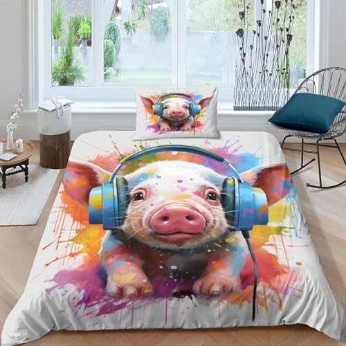 CGLTD Schwein 3D Bettwäsche Set 2 Teilig Mikrofaser Animal Bettbezug Set Mit Reißverschluss Und Kissenbezug Bettbezüge Für Kinder Erwachsene Single（135x200cm） von CGLTD