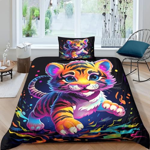 CGLTD Tiger Bettwäsche Set 2 Teilig Animal Bettbezug Set+Kissenbezug Für Kinder Erwachsene 3D Mikrofaser Bettbezüge Mit Reißverschluss Single（135x200cm） von CGLTD