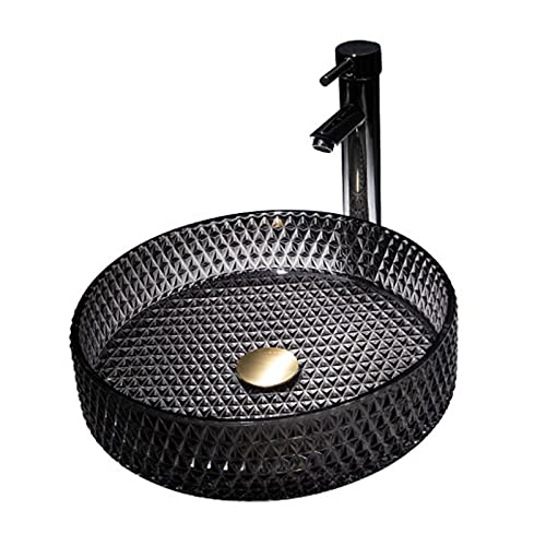 CGLYYDS Bad Waschbecken,Aufsatzwaschbecken Waschbecken Glas Waschtisch,Rund Waschtisch Handwaschbecken Waschschale Gäste WC mit Ablaufgarnitur,Black-A von CGLYYDS