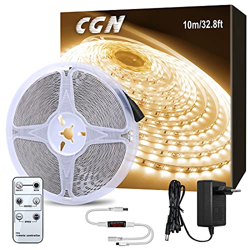 CGN 10M LED Strip Warmweiß, LED Streifen Set Dimmbar 3000K Flexibel DIY LED Lichtband Selbstklebend Schneidbar mit Fernbedienung 12V Netzteil LED Leiste von Haus, Party, Küche Dekoration von CGN