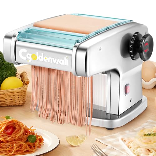 CGOLDENWALL Haushalts Nudelmaschine Elektrische 135W Frischer Nudelhersteller aus Edelstahl für Makkaroni/Spaghetti/Lasagne/Ravioli/Knödel mit 9 Verstellbaren Dicken und 4 Klingenbreiten von CGOLDENWALL