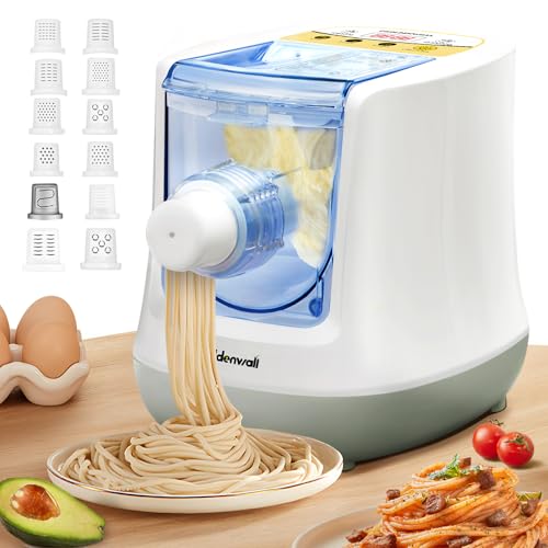 CGOLDENWALL Vollautomatische Nudelmaschine Elektrisch, Digitale Steuerung mit 12 Formscheiben für Ausgemachte Teigtaschen, Spaghetti, Fettuccine und Penne, bis zu 650g Mehl, Weiß, 260W von CGOLDENWALL
