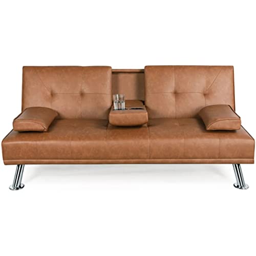 CGTENBS Futon-Futon-Klappsofa aus Kunstleder, multifunktional, umwandelbar, mit Cupholders und Kissen von CGTENBS