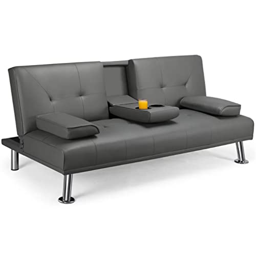CGTENBS Futon-Futon-Klappsofa aus Kunstleder, multifunktional, umwandelbar, mit Cupholders und Kissen von CGTENBS