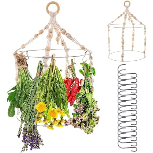CGTQROVR Kräuter Trocknungsregal 2-tieres Holz & Baumwollseil Safe gewebte Kräutertrocknungsregal Hängende verstellbare Boho-Blume mit hängenden Schleife ideal für Trockner Wanddekoration von CGTQROVR