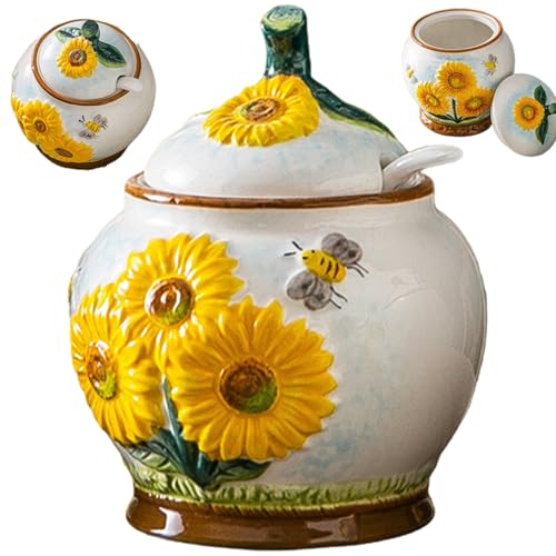 CGTQROVR Zuckerbehälter, geprägter Sonnenblumen- und Bienenzuckerschüssel mit Deckel und Löffel, 4x4, 7 Keramikzuckerschale für Küchenarbeitsplatte, Kaffeebar, Kaffeebar CGTQROVR Zuckerbehälter, geprägter Sonnenblumen- und Bienenzuckerschüssel mit Deckel und Löffel, 4x4, 7 Keramikzuckerschale für Küchenarbeitsplatte, Kaffeebar, Kaffeebar von CGTQROVR