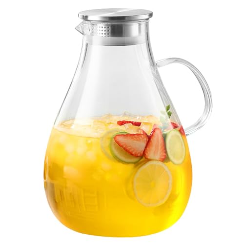 Glaskrüge mit Griff und Deckel 2L Clear Eced Tea Pitcher mit Ausguss heiß/kaltresistentes Glaswasserkrug Perfekt für Saft und Eistee-Getränke Carafe von CGTQROVR