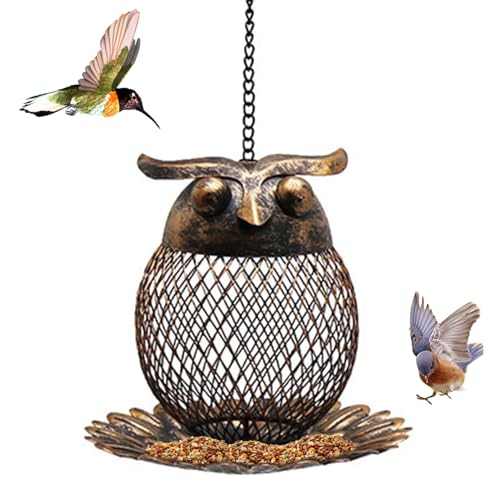 Metallvogelfutterläser 6 Zoll Eulenförmiger Hängel Vogelfutterhäusch mit hohlem Körper und Bodenschale einfache Nachfüllung schwarzer Birdfeeder für draußen von CGTQROVR