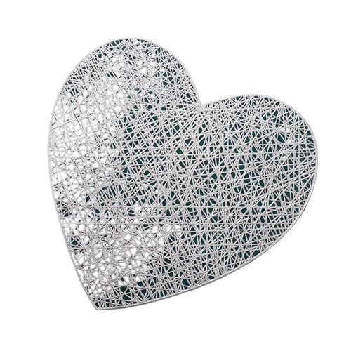 Geschirr Isolierkissen 2 stücke Herz Tischset Individuelle Tisch Matte PVC Tisch Decor Schutz Matte Hitzebeständig Pad Küche Tisch Decor Hochzeit Coaster Matte Topfuntersetzer(Silver,S) von CGUOHU