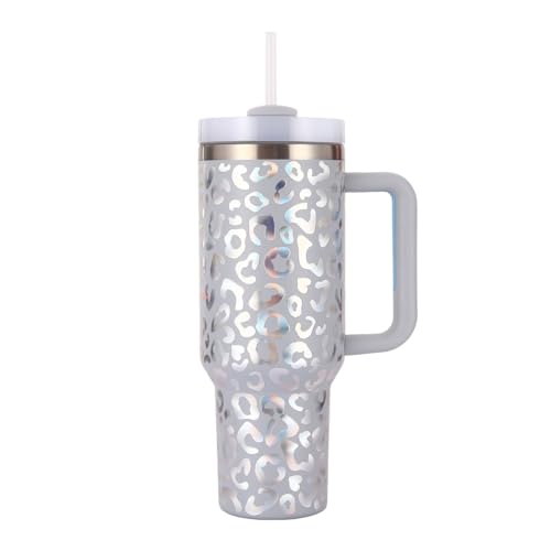 40oz Thermobecher mit Strohhalm und Henkel,1180 ML Doppelwandiger Edelstahl Heiße Kalte Getränke Vakuum Trinkbecher, Kaffeebecher für Zuhause Reisen (Leopardenmuster grau, Milliliter, 1180ml) von CH HIUBIE