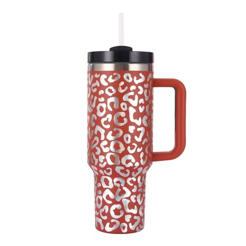 40oz Thermobecher mit Strohhalm und Henkel,1180 ML Doppelwandiger Edelstahl Heiße Kalte Getränke Vakuum Trinkbecher, Kaffeebecher für Zuhause Reisen (Leopardenmuster rot, Milliliter, 1180ml) von CH HIUBIE