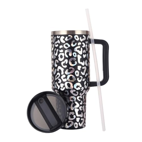 40oz Thermobecher mit Strohhalm und Henkel,1180 ML Doppelwandiger Edelstahl Heiße Kalte Getränke Vakuum Trinkbecher, Kaffeebecher für Zuhause Reisen (Leopardenmuster schwarz, Milliliter, 1180ml) von CH HIUBIE