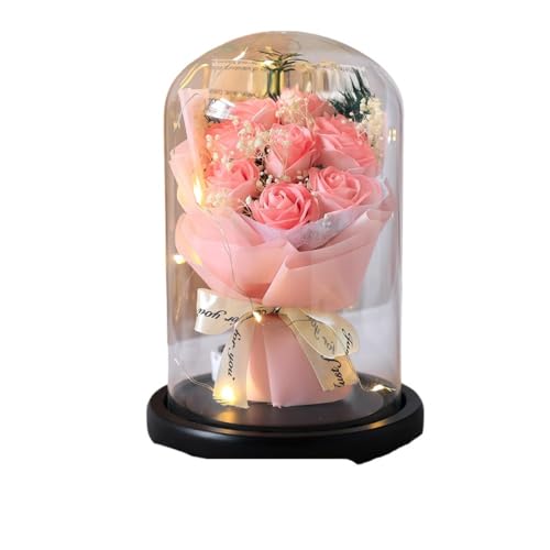 CH HIUBIE Stabilisierte Rosen Glasglocke - Romantisches Geschenk für Sie Personalisiert mit BeleuchtungGrußkarte (Geschenk für Verschiedene Anlässe) (9 Litschi rosa Rosen) von CH HIUBIE