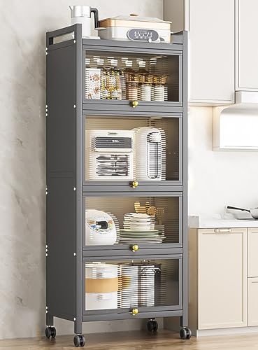 5-Stufiges Küchenregale Stehend, Küchenschrank Mit Rollen Und Füße, Mikrowellenschrank,mit Bremsbaren Rollen, Sichtbarer Tür, Metallrahmen, Schrank Zur Aufbewahrung Von Besteck, Töpfen Und Schüsseln von CHAANG