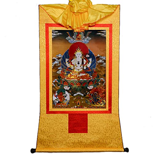 CHAKEUZND Thangka Tibetischer Buddhistischer Wandbehang, Mudra Crafts Chenrezig Thangka - Thangka-Gemälde zum Aufhängen an der Wand, tibetisch-buddhistischer Brokat Thangka (Gold, Medium) von CHAKEUZND