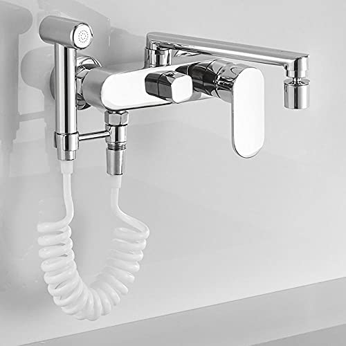 Schwenkbare Einhebelmischer, Wandhalterung Messing Küchenarmatur Spritzpistole Doppelloch 360 Rotation Heiß Kalt(Chrome-30cm) von CHAKEUZND