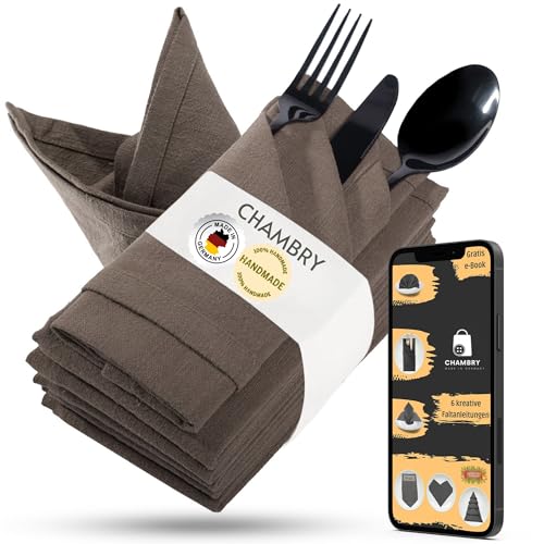 chambry 6 Stoffservietten 100% Leinen Stonewashed - 40cm x 40cm Farbe wählbar – inkl. Faltanleitung als E-Book – Handarbeit Made in Germany – wiederverwendbar, elegant und nachhaltig - Braun von CHAMBRY MADE IN GERMANY