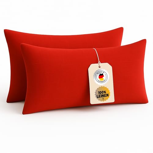Chambry Leinen Kissenbezüge 2er-Set - 100% gewaschenes Leinen, handgefertigt in Deutschland - atmungsaktiv klimaneutral bügelfrei und pflegeleicht - Kissenbezug 40 x 80 cm Rot von CHAMBRY MADE IN GERMANY