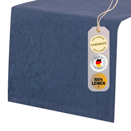 chambry Tischläufer 100% Leinen Stonewashed – Handarbeit Made in Germany – Größe und Farbe wählbar – natürliche und hochwertige Tischdekoration aus Naturmaterial Blau 40cm x 180cm von CHAMBRY MADE IN GERMANY