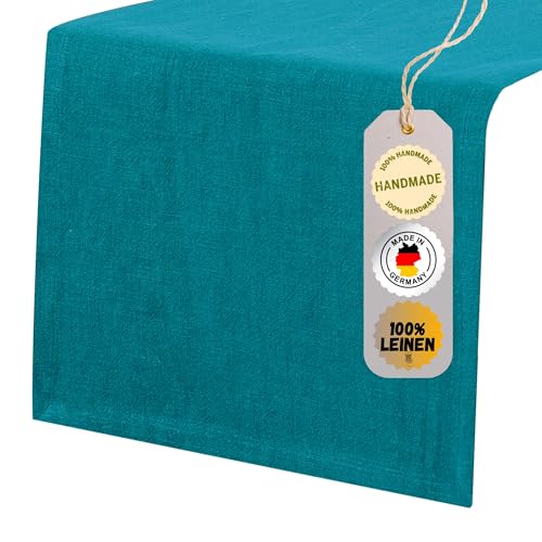 chambry Tischläufer 100% Leinen Stonewashed – Handarbeit Made in Germany – Größe und Farbe wählbar – natürliche und hochwertige Tischdekoration aus Naturmaterial Petrol 40cm x 180cm von CHAMBRY MADE IN GERMANY