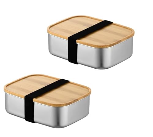 ＣＨＡＭＥＥＮ Brotdose aus Edelstahl mit Holzdeckel (2er Set) Lunchbox mit Schneidebrett und Gummizug Stoffband 800 ml 18x12.5x5.5 cm robust nachhaltig Brotbox für Schule Vesperdose von ＣＨＡＭＥＥＮ