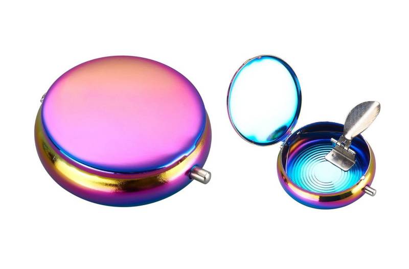 CHAMP Aschenbecher Taschen ASCHENBECHER "Rainbow" Ø5,5cm Deckel Metall rund 06 (Pink), mini Ablagefläche Reiseaschenbecher Taschenaschenbecher Reise Outdoor von CHAMP
