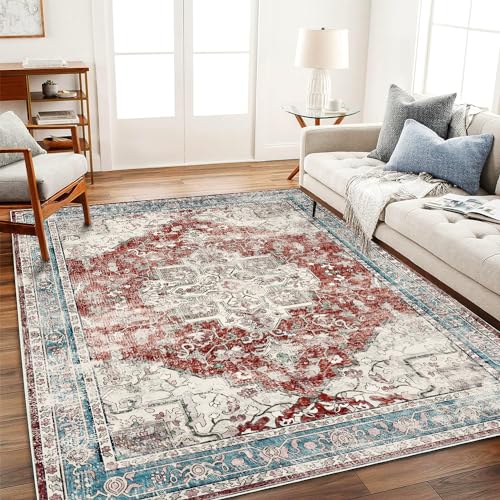 CHAMPLANT Waschbarer Teppich, 2,4 x 3,4 m, Retro-Boho-Design, fusselfrei, rutschfest, pflegeleicht, ideal für stark frequentierte Bereiche im Wohnzimmer, Schlafzimmer, Büro, Couchtisch, Küche, großer von CHAMPLANT