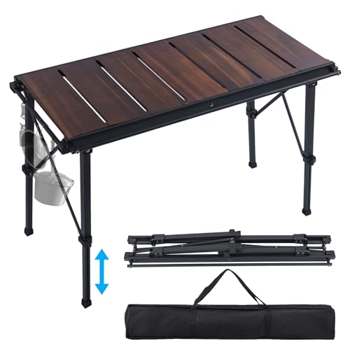 CHANGE MOORE Tragbarer Faltbarer Campingtisch klappbar, Höhenverstellbarer Klapptisch (41-62cm), IGT Outdoor Tisch 91 x 40 cm, Aluminiumbeine, mit Akazienholz Tischplatte und Tragetasche von CHANGE MOORE