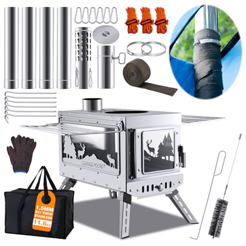 CHANGE MOORE Zeltofen Gartenofen: Tragbarer Campingofen mit drei Seiten aus 1000℃ Hitzebeständigem Glas, 1.5 mm dick 201 Edelstahl Holzofen mit Campingzubehör für Outdoor Picknick Garten Kochen von CHANGE MOORE