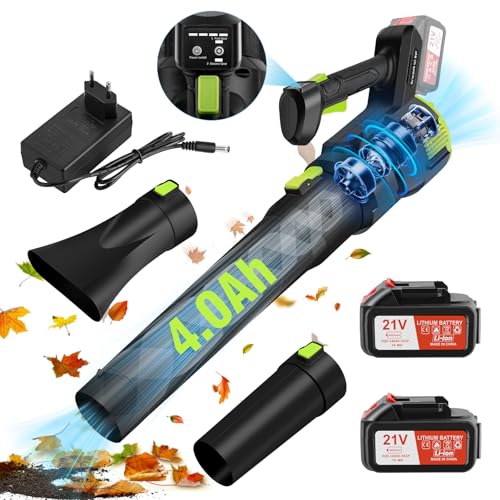 CHANGEMOORE 53 m/s bürstenloser Akku-Laubbläser mit 2X4000 mAh, Ladegerät & 2 Düsen, 21 V Laubbläser kabellos, 3-Gang-Modus, Leichter Laubbläser für nasses Laub/Schnee/Staub, Schwarzgrün von CHANGE MOORE