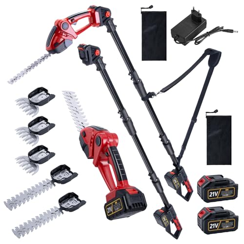 CHANGEMOORE 21V Akku-Heckenschere mit Teleskopstange (105-207cm), 3-in-1 Strauch-/Grasschere, 22+13cm Klingen, 135° Griff & 90° Kopf, 2x1500mAh (100 Min), 2,4kg mit Gurt & Sicherheitsschalter von CHANGEMOORE