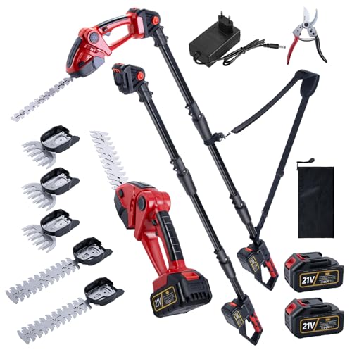 CHANGEMOORE 21V Akku-Heckenschere mit Teleskopstange (105-207cm), 3-in-1 Strauch-/Grasschere, 22+13cm Klingen, 135° Griff & 90° Kopf, 2x1500mAh (100 Min), 2,4kg mit Gurt & Sicherheitsschalter von CHANGEMOORE