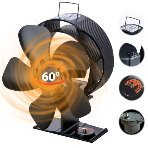 CHANGEMOORE 5 Blättern Kaminventilator Ofenventilator, Metallmotor Wärmebetriebener Ventilator für Holzofen, ohne Strom und leisen Betrieb, mit Thermometer, 60° Schwung von CHANGEMOORE