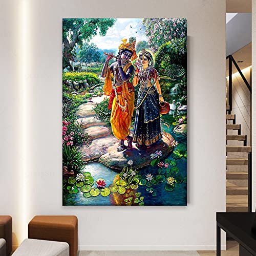 Lord Krishna und Radha Hinduismus Poster und Drucke Wandkunst Malerei Wohnzimmer Dekorativ 90x130cm(36x48in) Rahmenlos von CHANGSHANBAIHUO