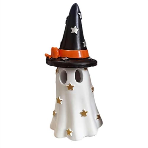 CHANGYUE Halloween süße Geisterstatue, Halloween Dekoration Ghost Skulptur Statue mit Hexenhut, Harzskulpturfigur for Innenhäuser -Büro -Schreibtischdekor (weiß) von CHANGYUE