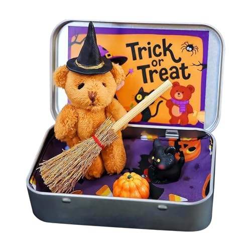 CHANGYUE Handgefertigter süßer Hexenbär in Box, Mini Plüsch-Hexenbärentasche, Halloween-Geschenkbox mit Zaubererhut & Katze (braun) von CHANGYUE
