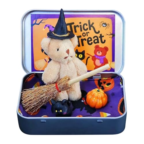 CHANGYUE Handgefertigter süßer Hexenbär in Box, Mini Plüschbär - Taschenbär, Halloween Geschenkbox mit Zaubererhut & Katze (Khaki) von CHANGYUE