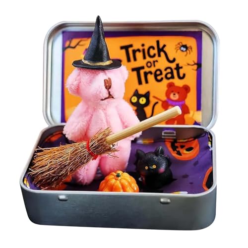 CHANGYUE handgefertigter süßer Hexenbär in Kiste, Mini Plüsch-Hexenbär - Taschenbär, Halloween-Geschenkbox mit Zaubererhut & Katze, Halloween Surprise Plüschgeschenk (Pink) von CHANGYUE