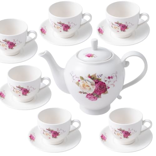 18-teiliges Vintage Keramik Tee-Set, Teekanne, Tasse und Untertasse, Damen Nachmittagstee Teekanne Set (18, Roses) von CHANJOON