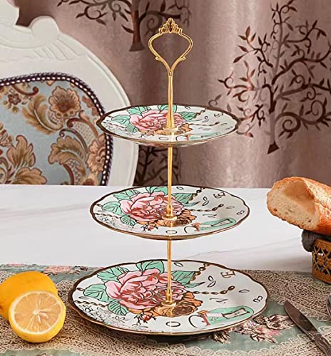 3-Etagen-Keramik Vintage Kuchen Stand mit schönen klassischen Rose Muster, Lebensmittel Rack für die Anzeige von Kuchen-Platte (White Gold Rim) von CHANJOON