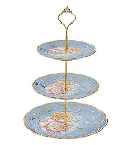 CHANJOON 3-Etagen-Keramik Vintage Kuchen Stand mit schönen klassischen Rose Muster, Lebensmittel Rack für die Anzeige von Kuchen-Platte (blue) von CHANJOON